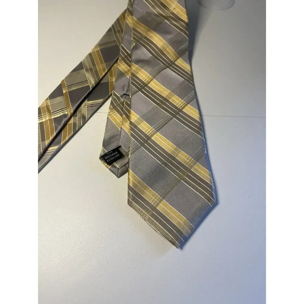 Calvin Klein Men's 100% Silk Tie EXTRA LONG Yellow Gold Gray NEW MSRP: $62.50